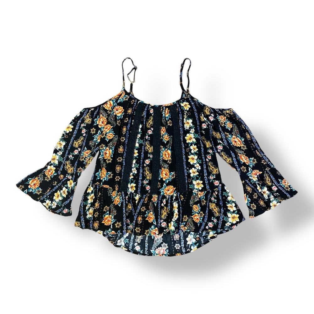 Gypsies & Moondust Cold Shoulder Top Womens Size L Black Floral